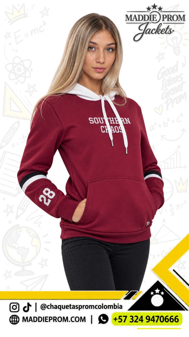 Buzo prom vinotinto con capota beige personalizado
