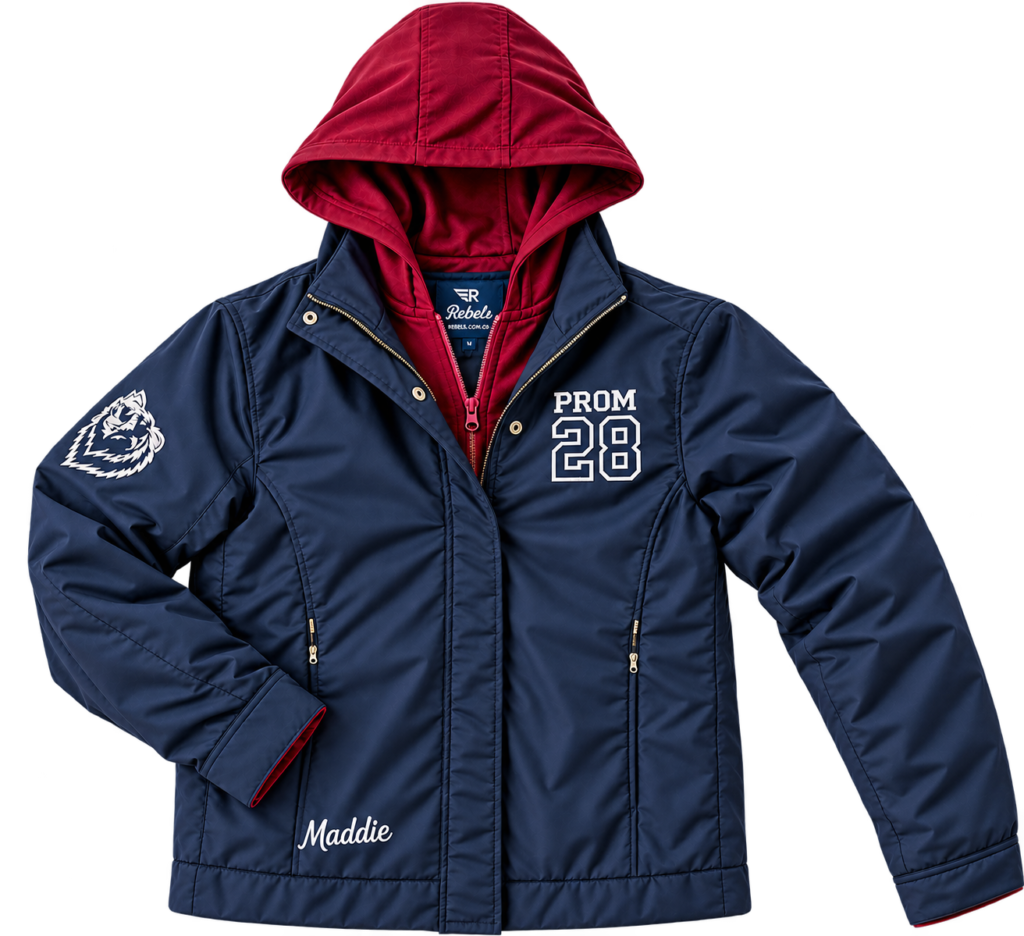 Chaqueta prom azul con capota roja, número 28 y emblema bordado