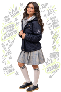 Estudiante con chaqueta prom azul oscura y detalles personalizados