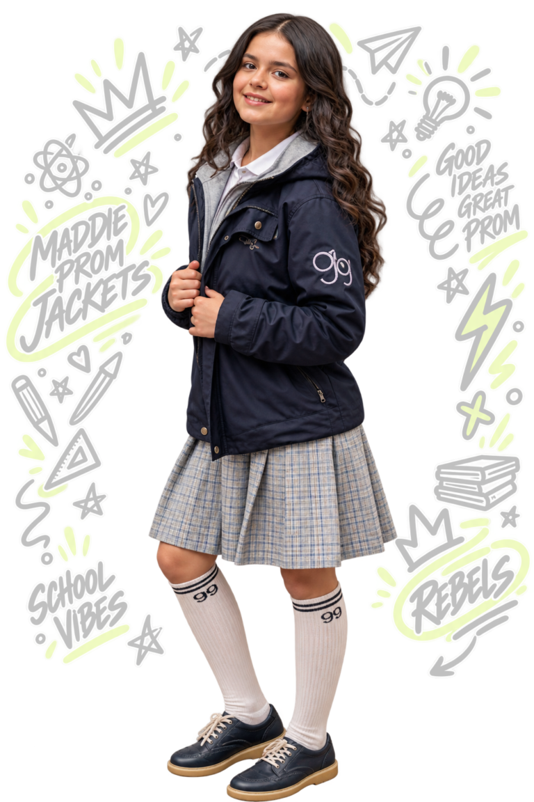 Estudiante con chaqueta prom azul oscura y detalles personalizados