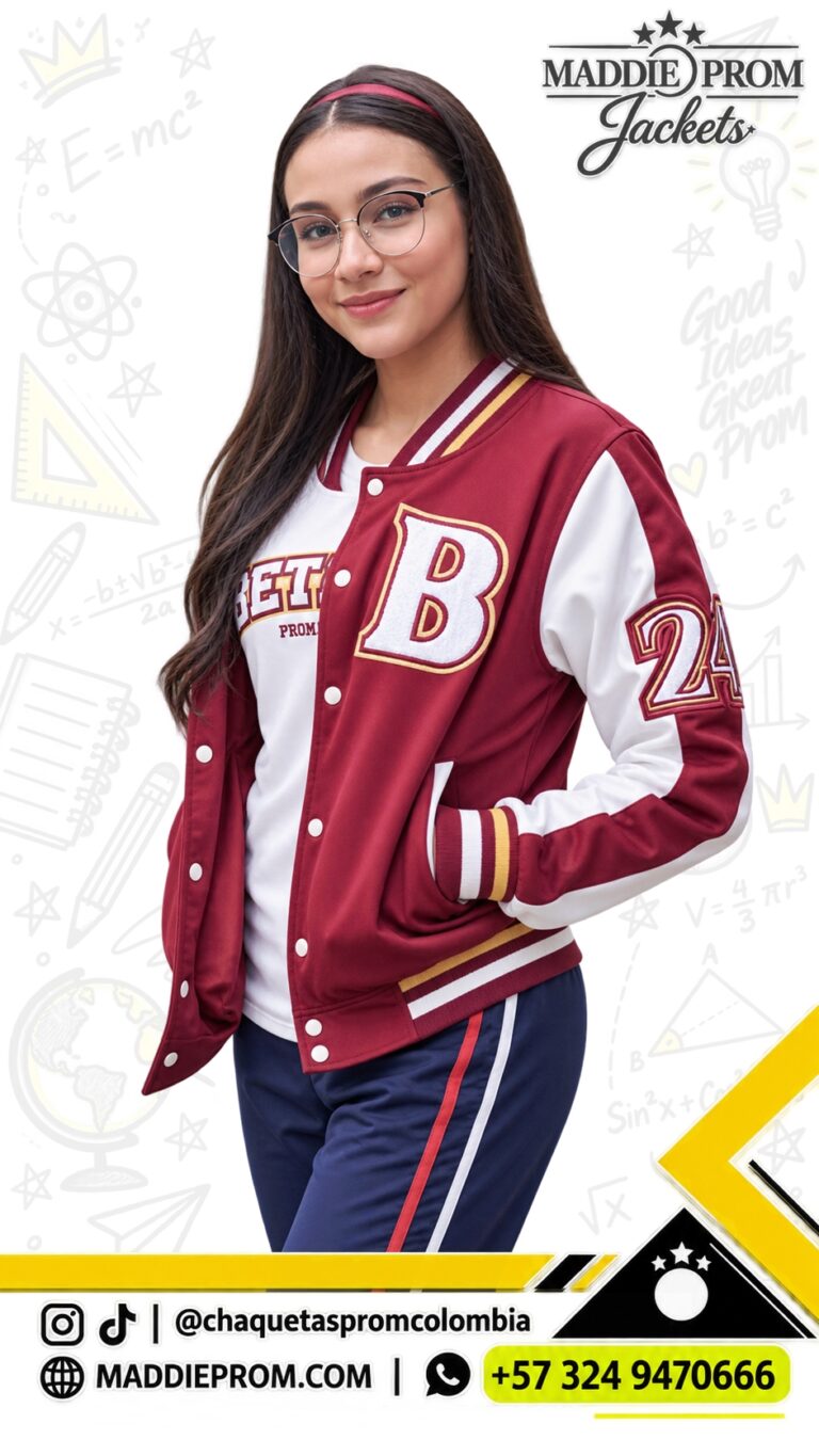 Chaqueta prom beisbolera bicolor con rib y apliques personalizados