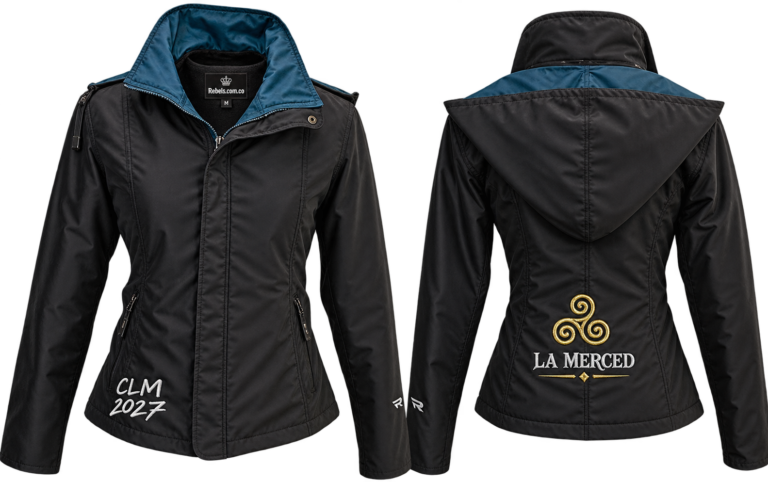 Chaqueta negra personalizada con cuello azul, vista frontal y posterior