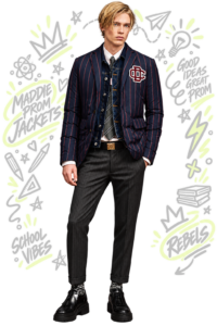 Modelo con chaqueta prom varsity azul y líneas rojas