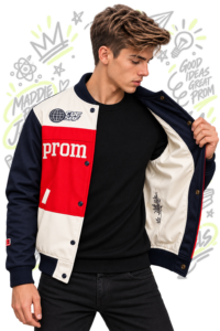 Estudiante con chaqueta prom varsity personalizada en rojo, blanco y azul