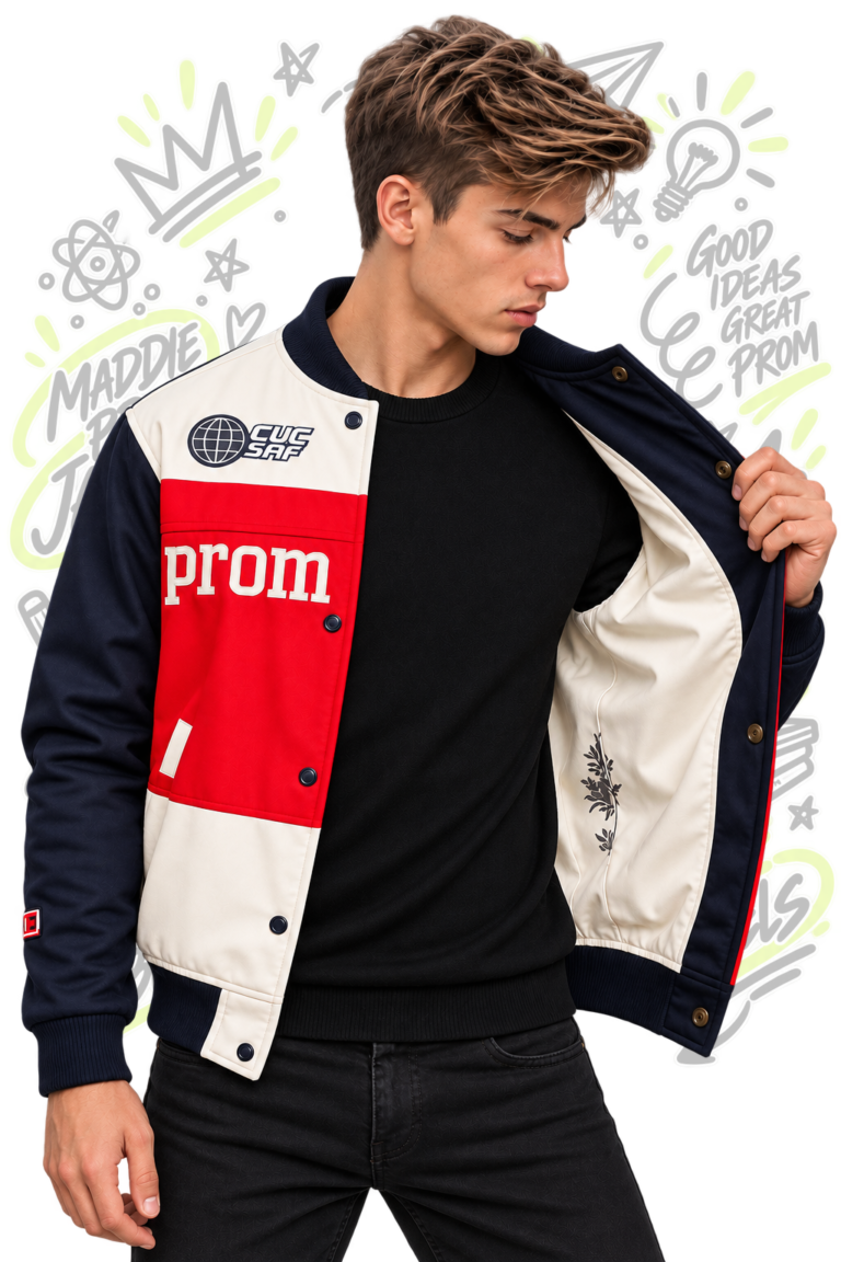 Estudiante con chaqueta prom varsity personalizada en rojo, blanco y azul