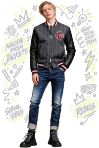 Modelo con chaqueta prom varsity gris y mangas negras