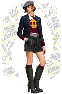 Modelo con chaqueta varsity azul oscura de estilo preppy