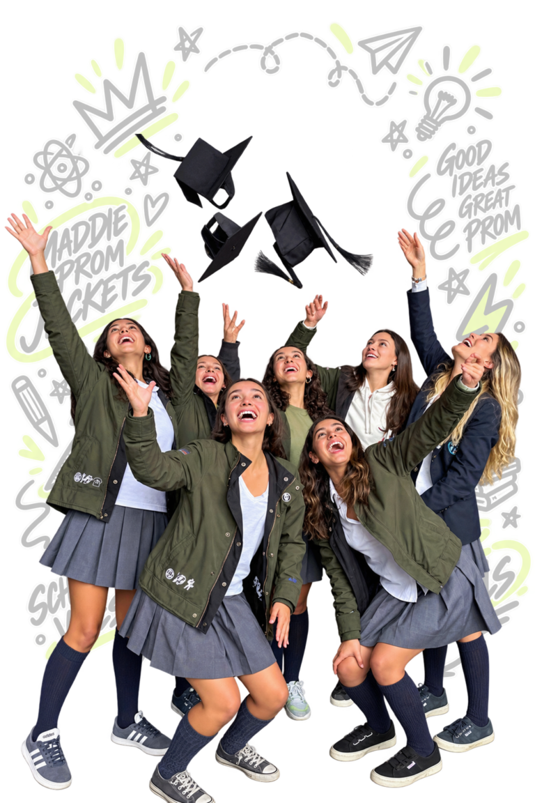 Grupo de estudiantes celebrando con chaquetas personalizadas para su promoción