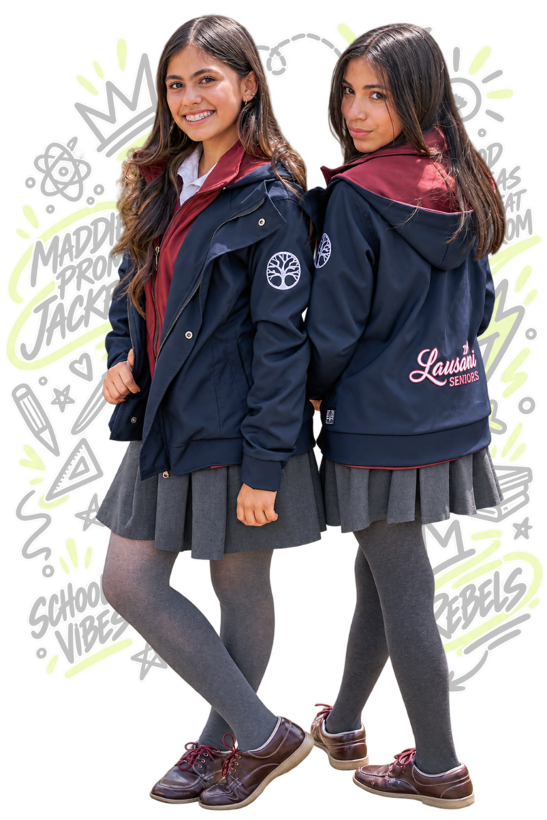 Dos estudiantes con chaquetas prom azules personalizadas para seniors