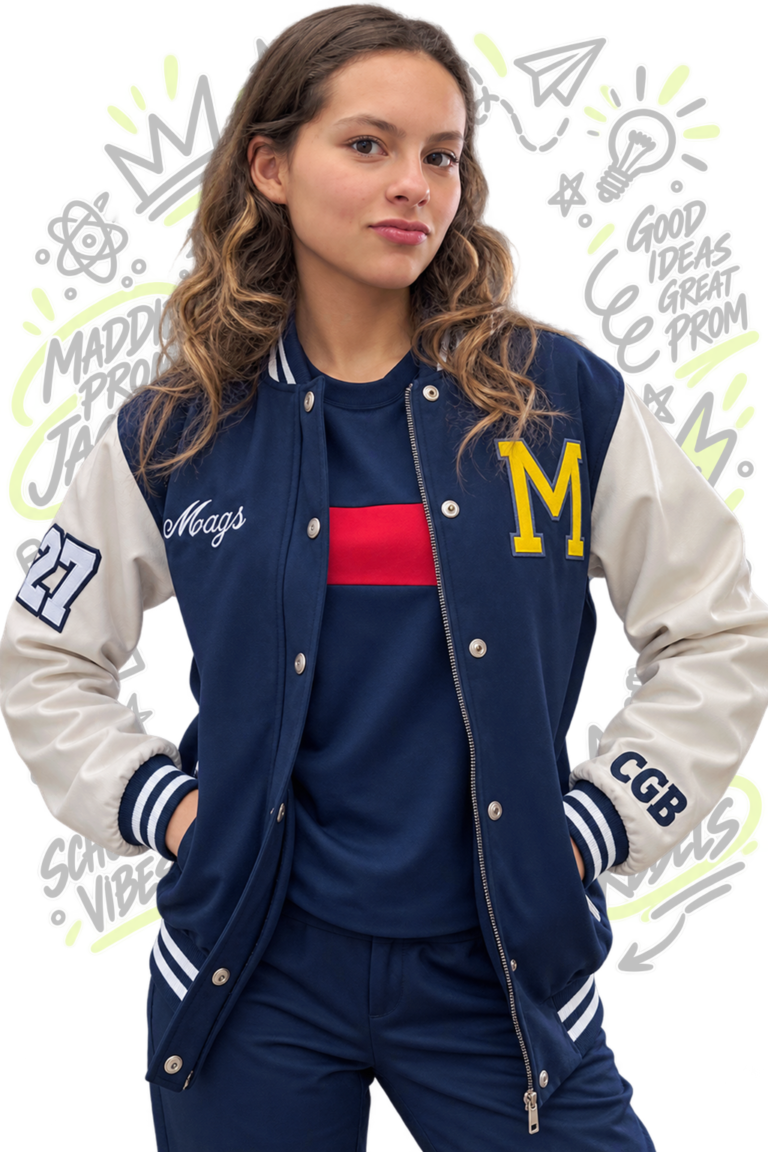 Estudiante con chaqueta beisbolera prom azul marino y mangas claras en cuerina
